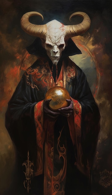 Una pintura de un hombre con una calavera en la cabeza sosteniendo una pelota.