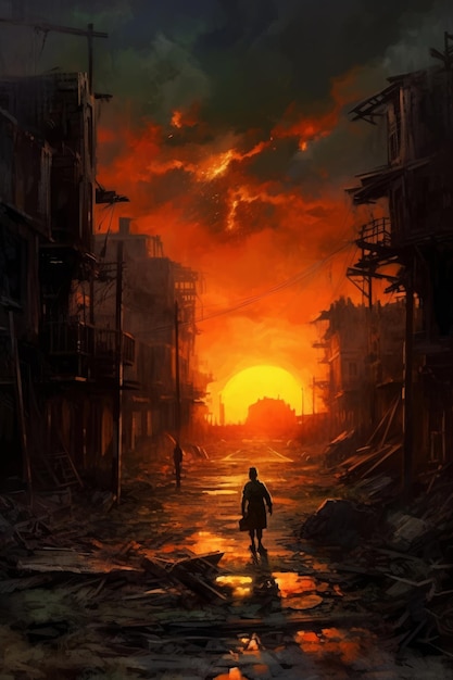 Una pintura de un hombre caminando en una ciudad en ruinas con la puesta de sol detrás de él.