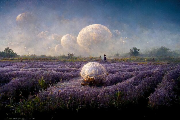 una pintura de un hombre en un campo de lavanda