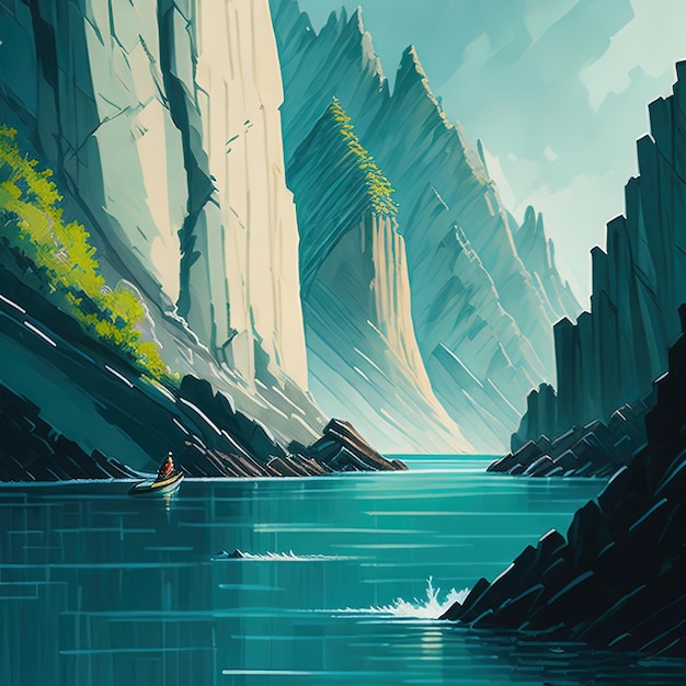 Una pintura de un hombre en una canoa en un río