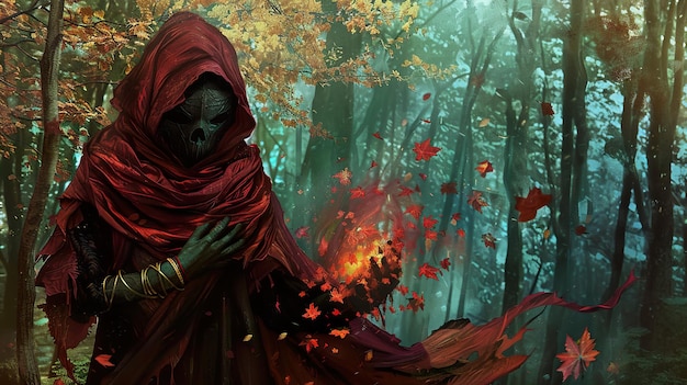 una pintura de un hombre con una capa roja y las palabras fuego en él