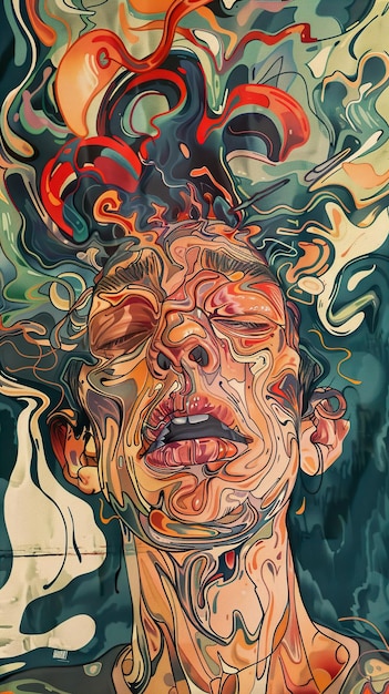 una pintura de un hombre con una cara extraña y un letrero rojo que dice la palabra en él