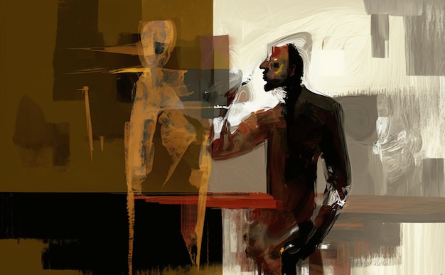 Foto una pintura de un hombre con una cara roja y una figura blanca está de pie frente a una pared.
