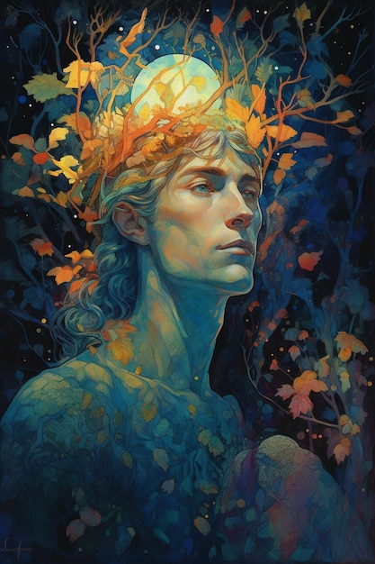 Una pintura de un hombre con una corona de hojas en la cabeza.