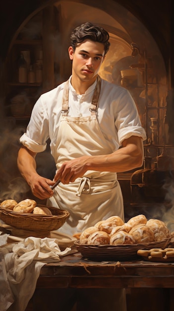 Foto pintura de un hombre con un delantal blanco preparando comida en una cocina generativa ai