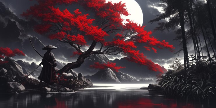 pintura de un hombre con una espada de pie frente a un árbol rojo generativo ai