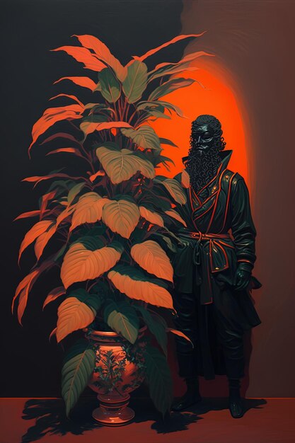 Foto una pintura de un hombre con una espada y una planta en el fondo