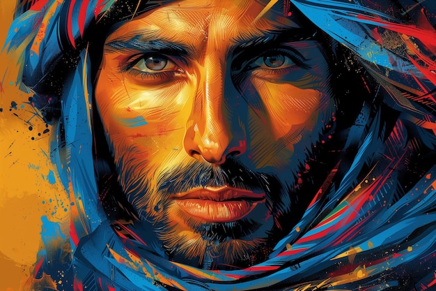 una pintura de un hombre con un fondo azul y naranja