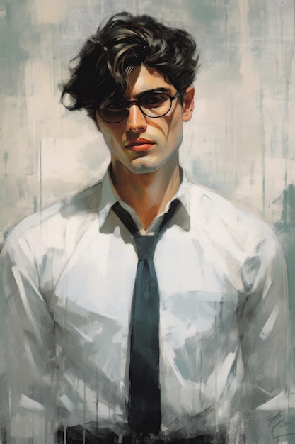 Una pintura de un hombre con gafas y corbata.