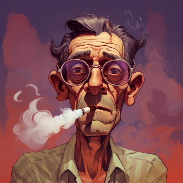 Una pintura de un hombre con gafas fumando un cigarrillo