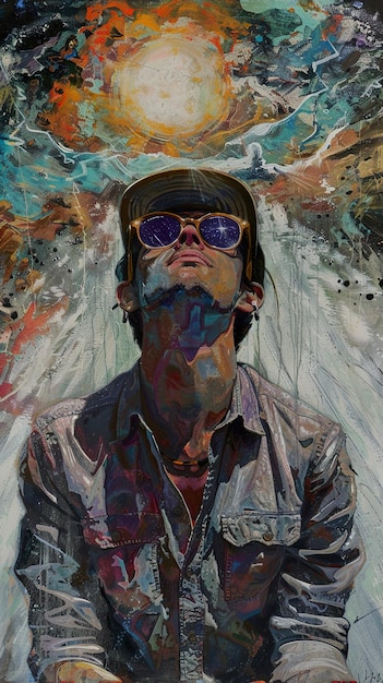 una pintura de un hombre con gafas de sol y una camisa con una imagen de un hombre que usa gafas de Sol