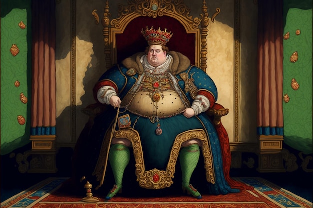 Una pintura de un hombre gordo con un vestido azul y verde con una corona.