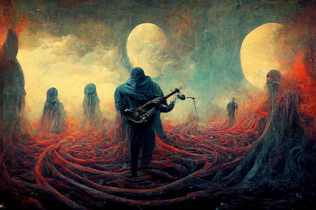 Una pintura de un hombre con una guitarra en sus manos.