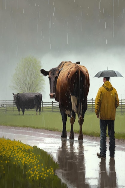 Una pintura de un hombre con un impermeable amarillo y una vaca bajo la lluvia.