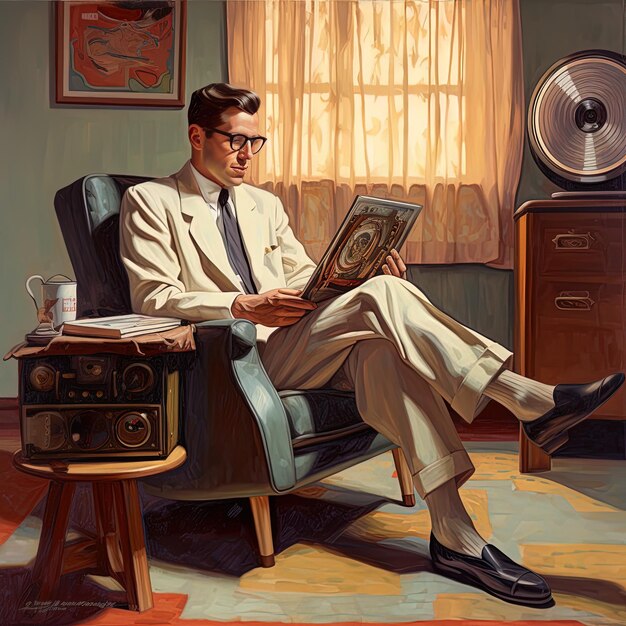 una pintura de un hombre leyendo un libro en una habitación con una imagen de un hombre Leyendo un libro