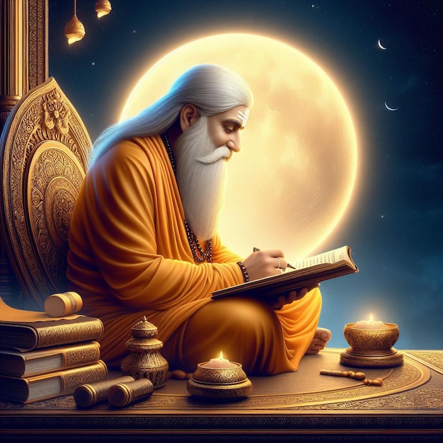 una pintura de un hombre leyendo un libro con una luna llena en el fondo