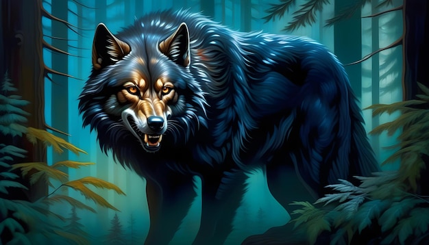 Una pintura de un hombre lobo en un bosque con ojos de ámbar y orejas de punta plateada