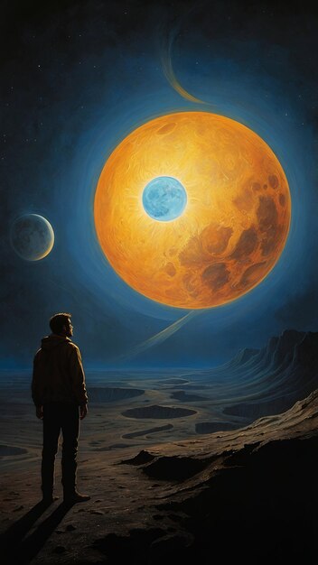 Una pintura de un hombre mirando a la luna