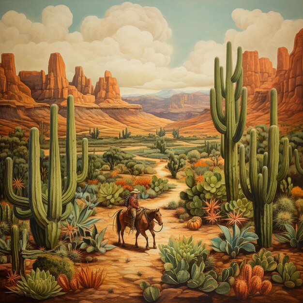 pintura de un hombre montando un caballo en un desierto con árboles de cactus generativo ai