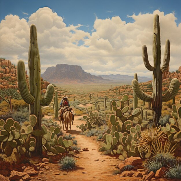 pintura de un hombre montando un caballo a través de un desierto con árboles de cactus generativo ai