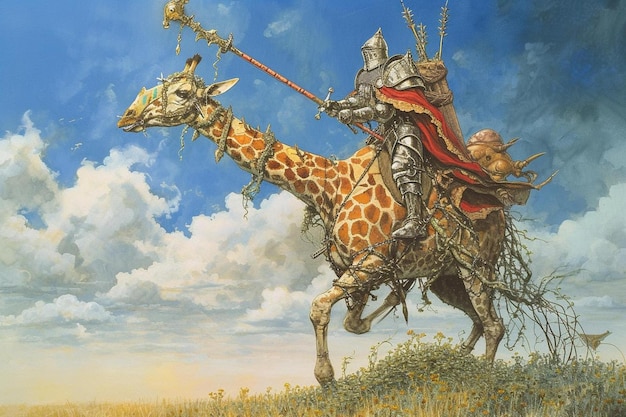 una pintura de un hombre montando una jirafa