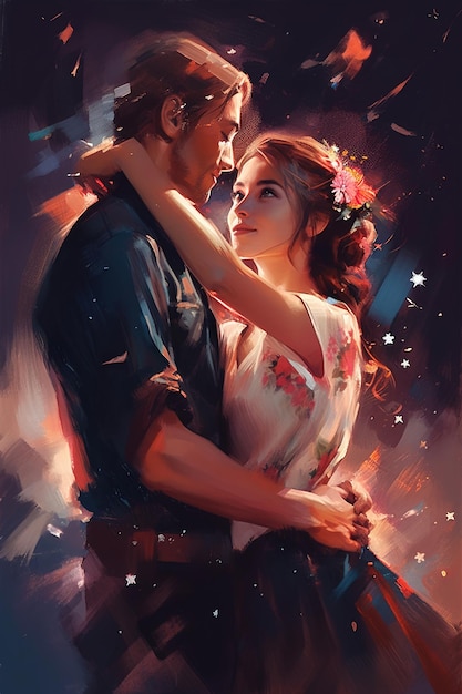 Una pintura de un hombre y una mujer abrazándose.