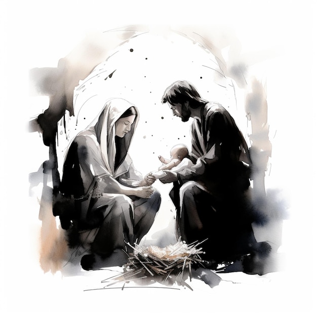 Pintura de un hombre y una mujer arrodillados ante un bebé Jesús generativo ai