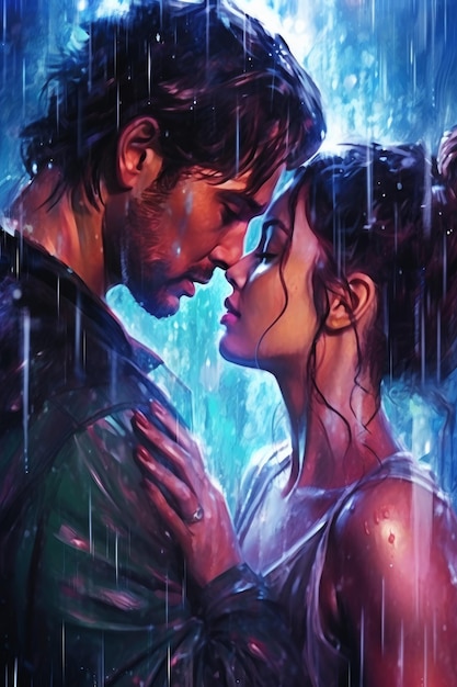 Una pintura de un hombre y una mujer besándose bajo la lluvia.