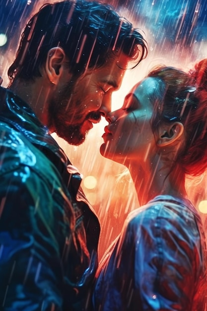 Una pintura de un hombre y una mujer besándose bajo la lluvia.