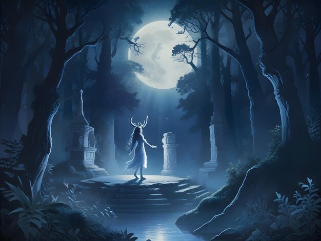 una pintura de un hombre y una mujer en un bosque oscuro con una luna llena en el fondo