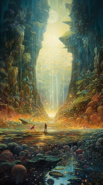 Una pintura de un hombre y una mujer caminando por un túnel con una luz en el medio.
