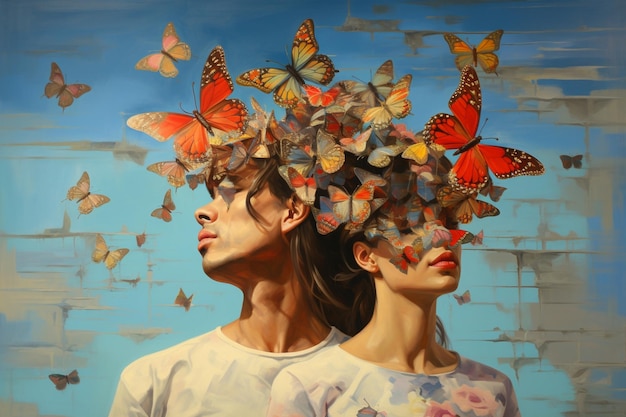 Una pintura de un hombre y una mujer con mariposa.
