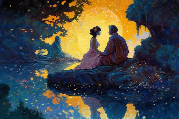 Una pintura de un hombre y una mujer sentados en una roca junto al agua.