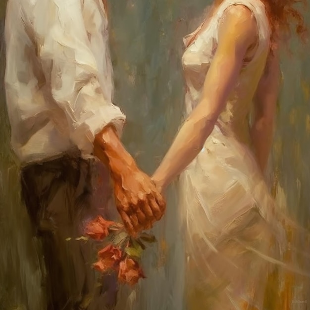 Foto una pintura de un hombre y una mujer tomados de la mano.