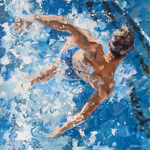 una pintura de un hombre nadando en el agua con un traje de baño azul