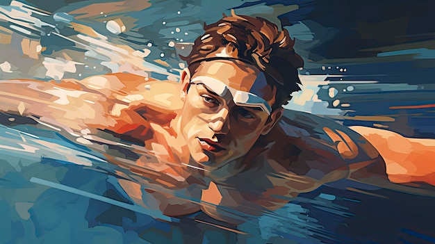 Una pintura de un hombre nadando en el agua