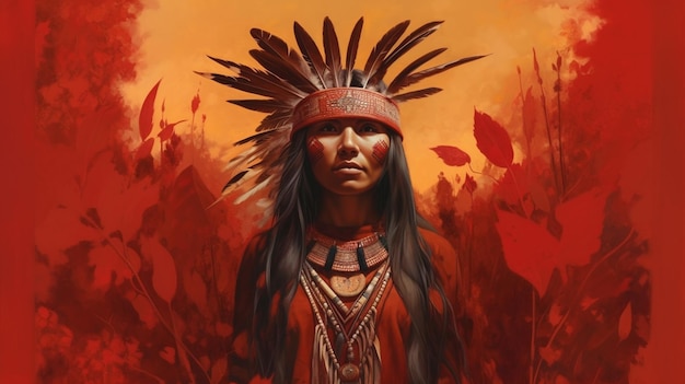 Pintura de un hombre nativo americano con un traje rojo y un tocado de plumas