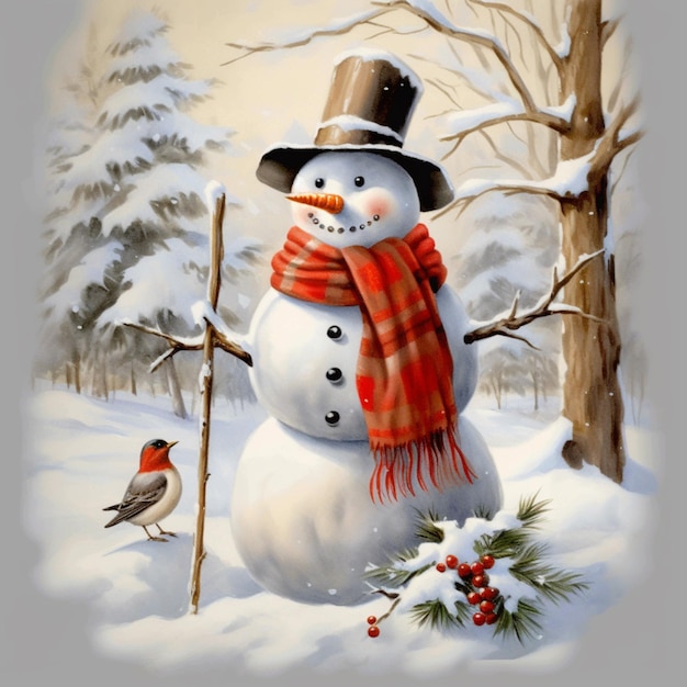 pintura de un hombre de nieve con un sombrero y bufanda y un pájaro generativo ai
