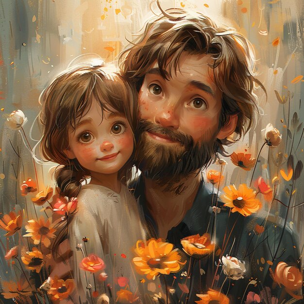 Foto una pintura de un hombre y un niño con flores y una niña