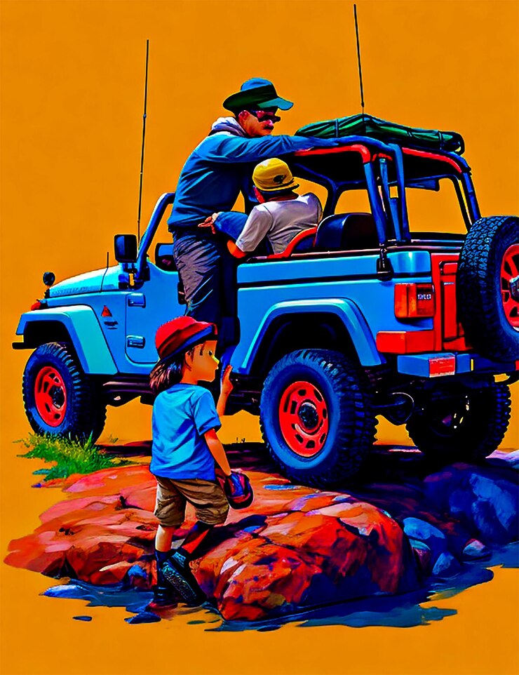Una pintura de un hombre y un niño en un jeep.