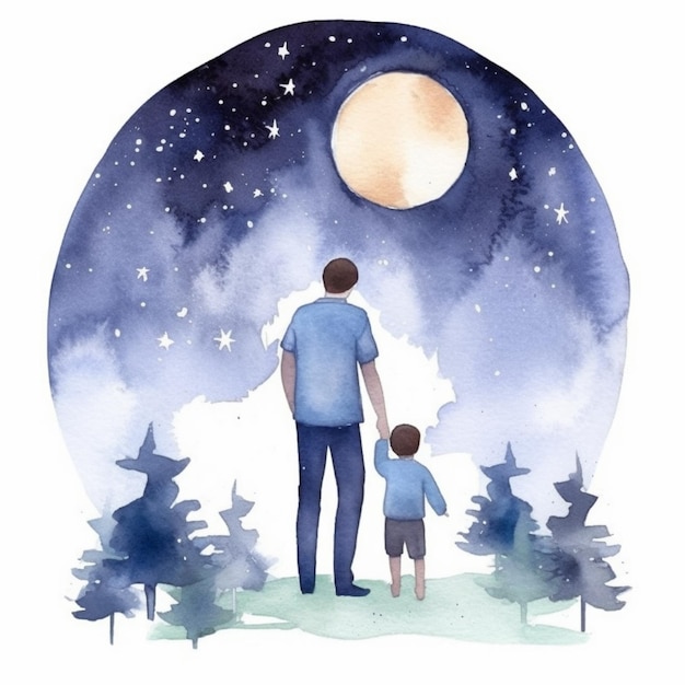 una pintura de un hombre y un niño mirando la luna ai generativa
