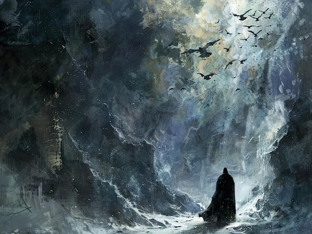 una pintura de un hombre en un océano oscuro con pájaros volando alrededor