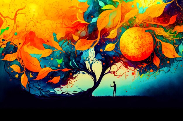 Pintura de un hombre parado frente a un árbol con el sol de fondo IA generativa