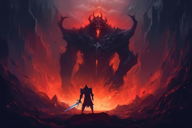 pintura de un hombre parado frente a un demonio gigante