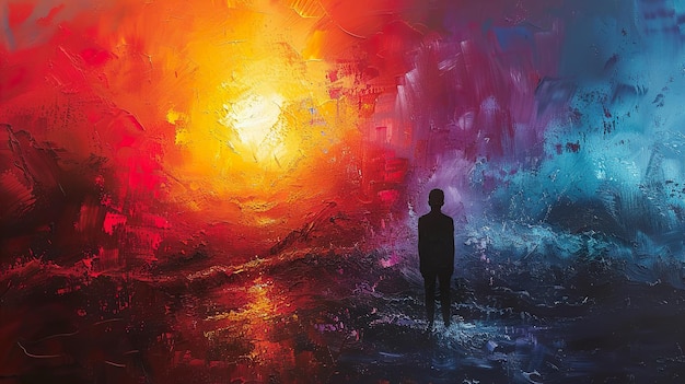 una pintura de un hombre parado frente a un fondo colorido