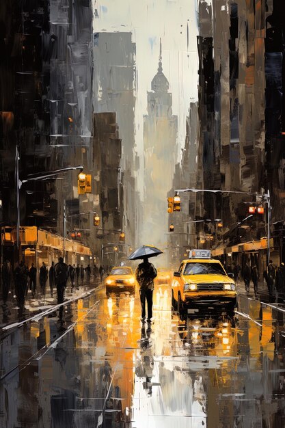 una pintura de un hombre con un paraguas y un taxi amarillo en la lluvia