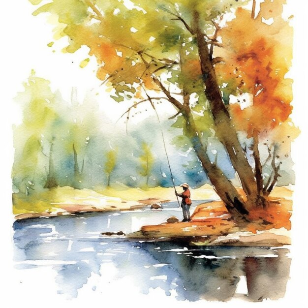 Una pintura de un hombre pescando en un río con un árbol ai generativo