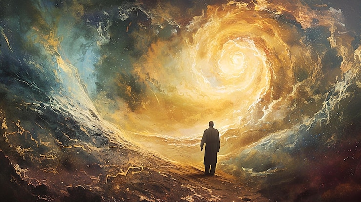 Foto pintura de un hombre de pie frente a una gran espiral