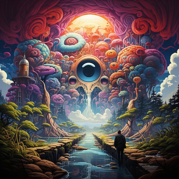 Pintura de un hombre de pie frente a un paisaje surrealista generativo ai