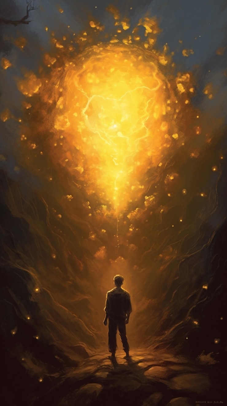 Foto pintura de un hombre de pie frente a un sol brillante generativo ai